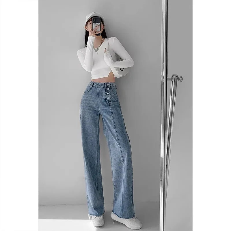 Loose Straight Leg High Waist Jeans - Draped Wide Leg Denim Pants