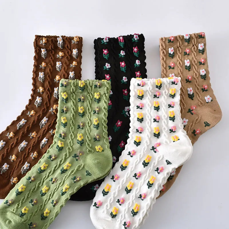 Floral Embossed Knit Socks - Retro Harajuku 5 Pair Style