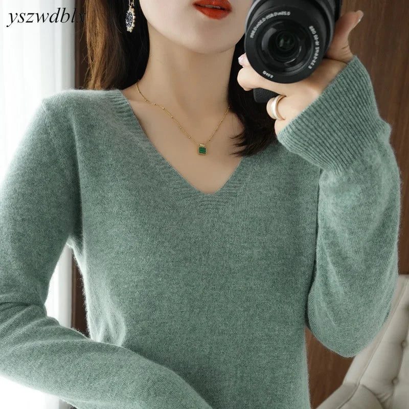 V Neck Stretch Pullover Sweater - Slim Solid Knitwear Top