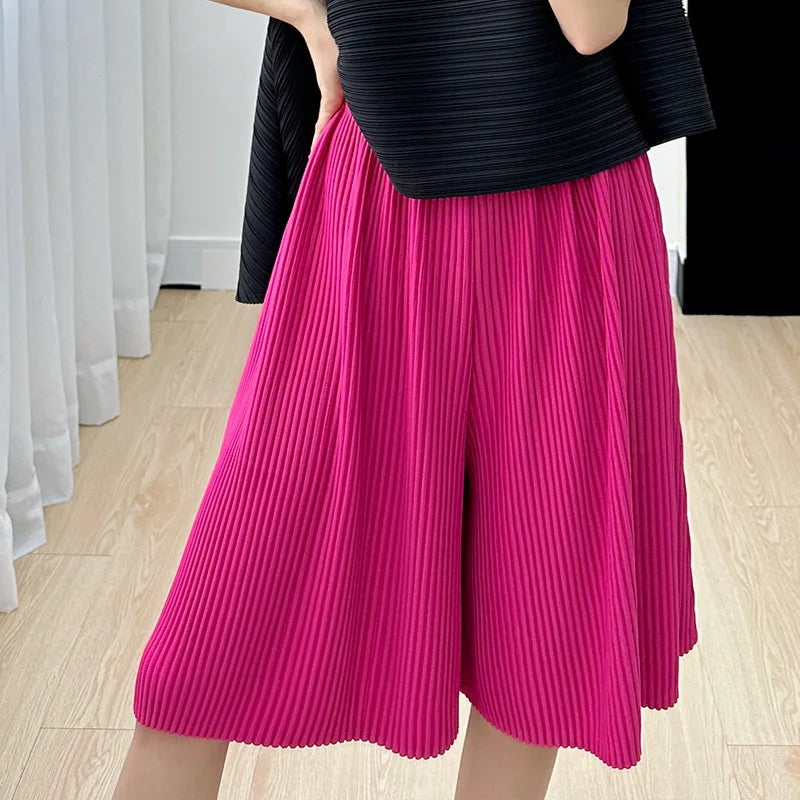 Pleated Five Point Shorts - Loose High Waist Drape Summer Mid Pants