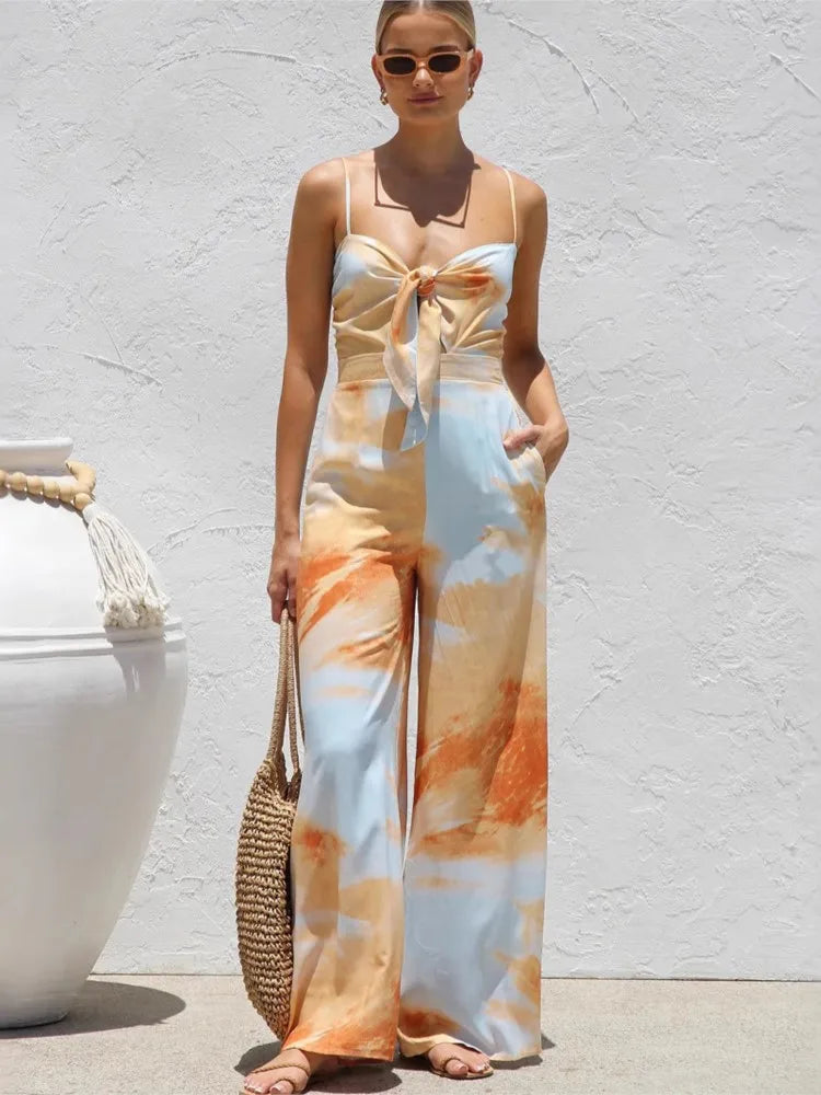 Printed Spaghetti Strap Bowknot Jumpsuit - High Waist Vacation Outfit