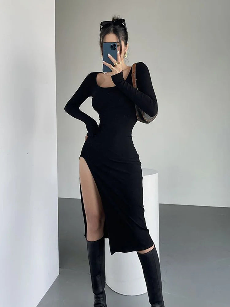 Long Sleeve Split Bodycon Dress - Black Y2K Streetwear Outfit