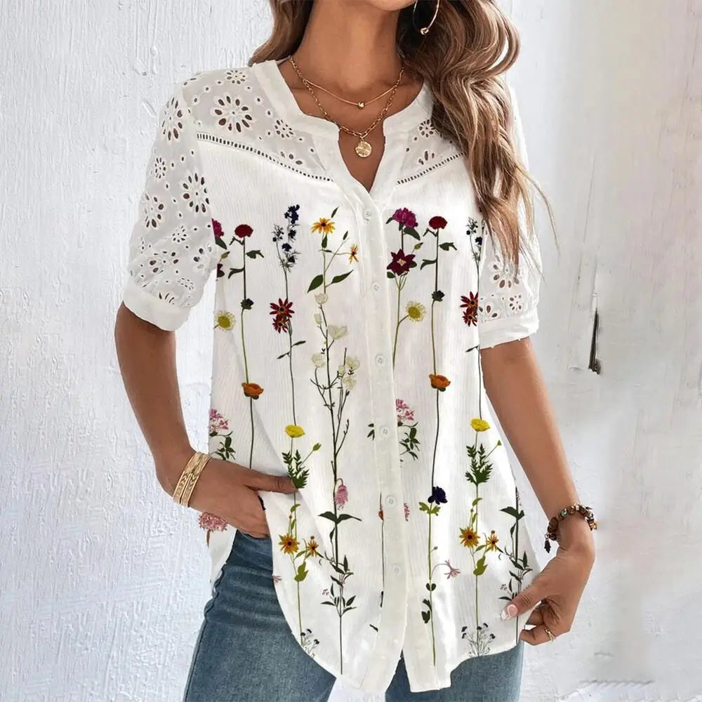 Lace Loose Short Sleeve Blouse - Elegant Holiday Weekend Shirt