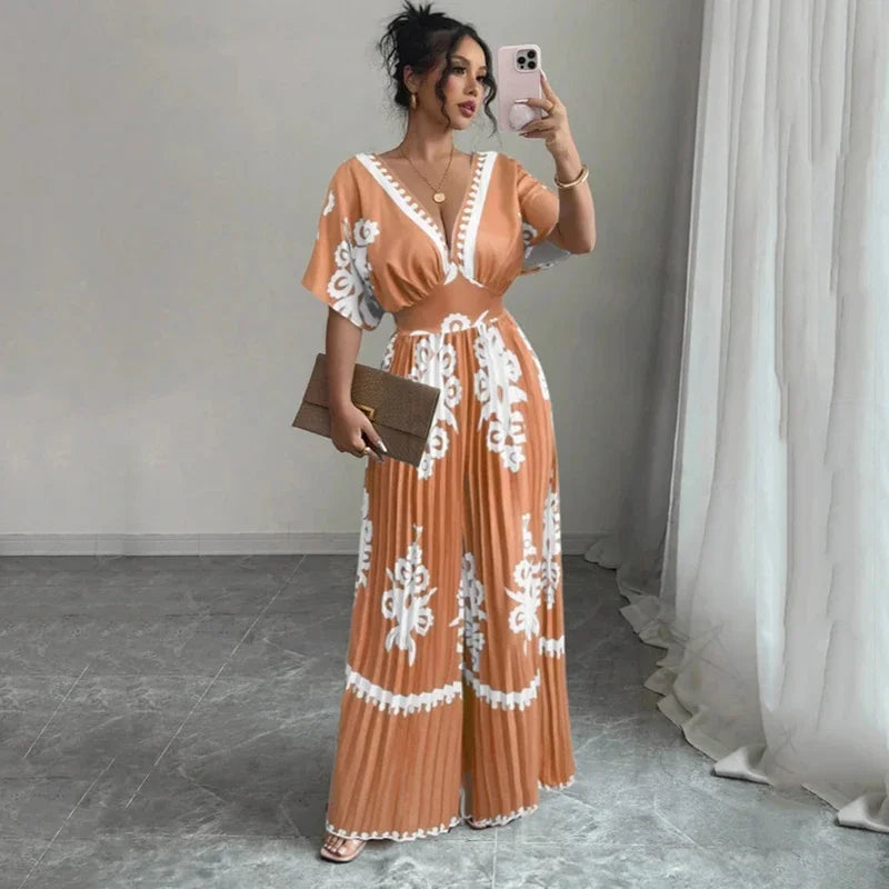 Deep V Backless Wide Leg Jumpsuit - Printed High Waist Outfit