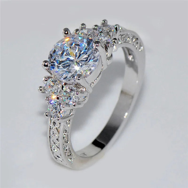 White Zircon Engagement Ring - Silver Color Anniversary Bridal Jewelry