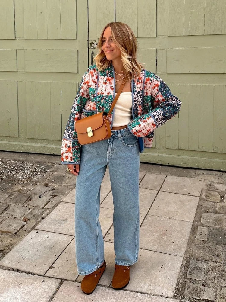 Vintage Print Patchwork Cotton Coat - Loose Short Winter Jacket