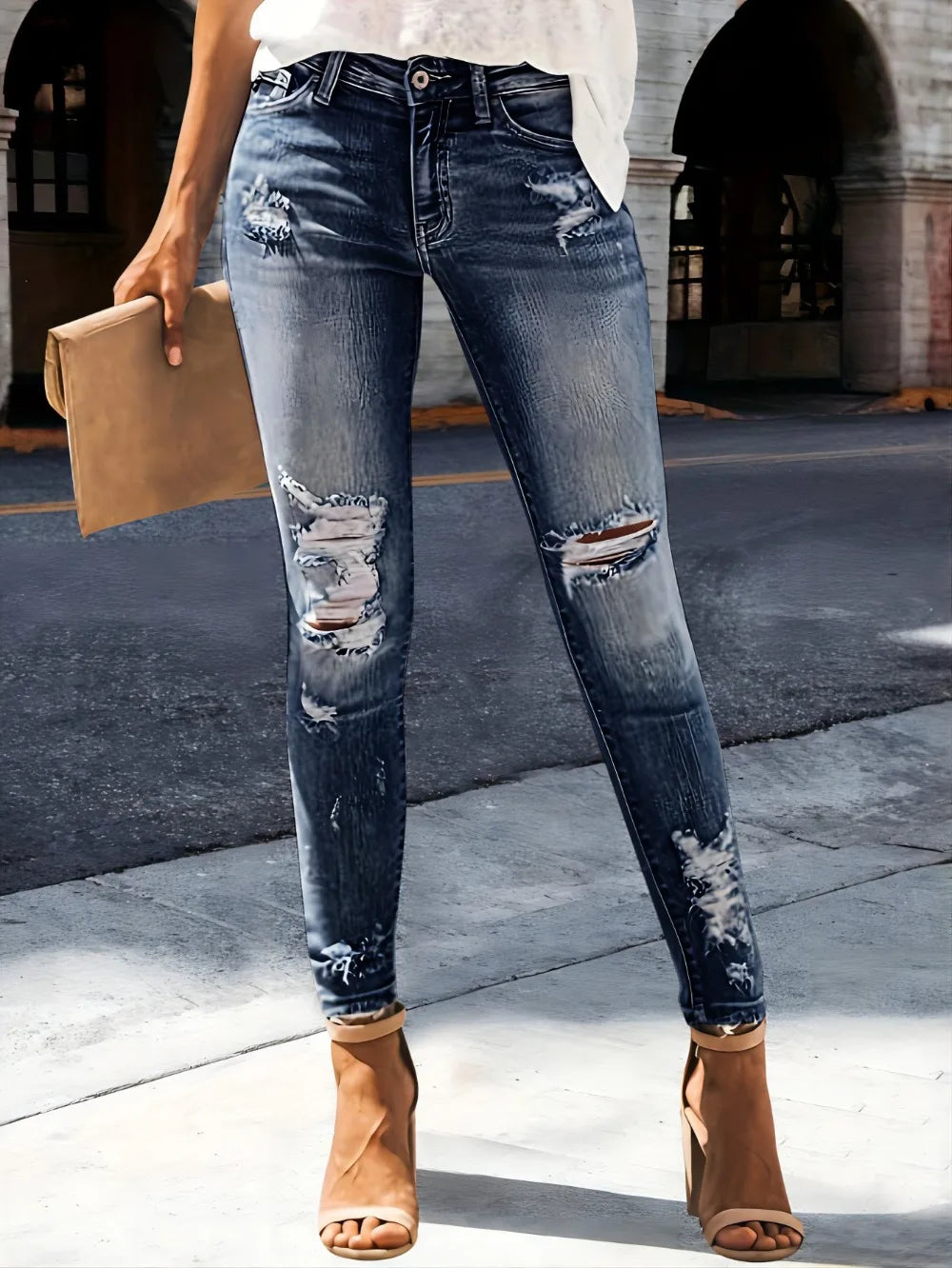 Washed Distressed Straight Jeans - Stretch Ripped Streetwear Denim