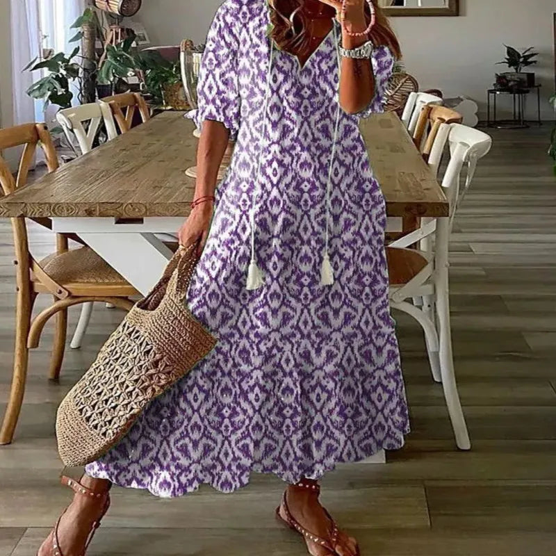 Bohemian Floral V Neck Maxi Dress - Drawstring Beach Vacation Outfit