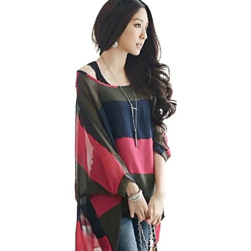 Plus Size Batwing Chiffon Blouse - Boho Loose Summer Shirt