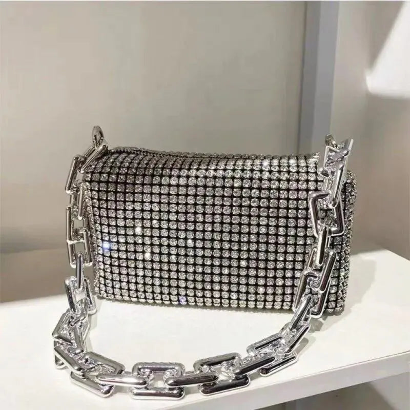 Glitter Rhinestone Bucket Bag - Mini Chain Prom Crossbody Purse