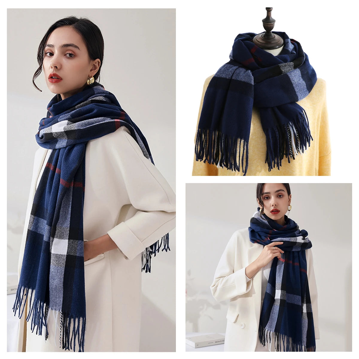 Classic Plaid Blanket Scarf - Cashmere-Feel Large Warm Shawl