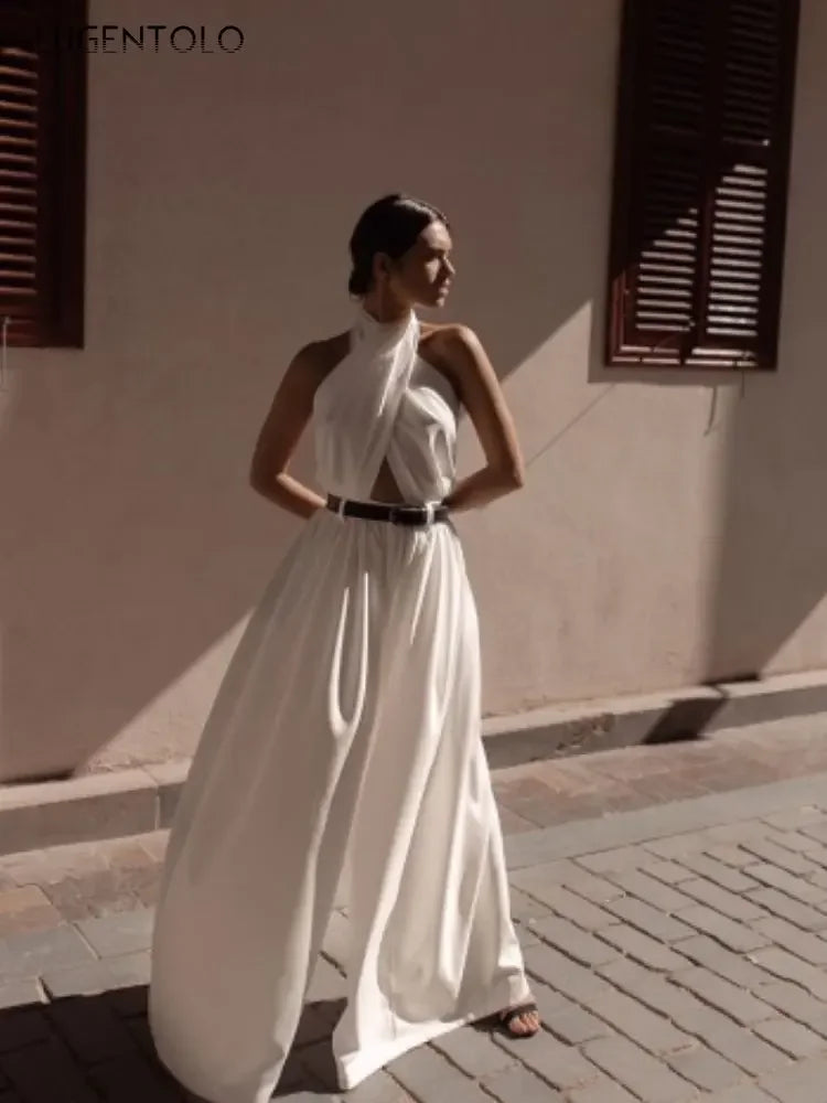 White Backless Wide Leg Jumpsuit - Halter High Waist Streetwear Outfit
