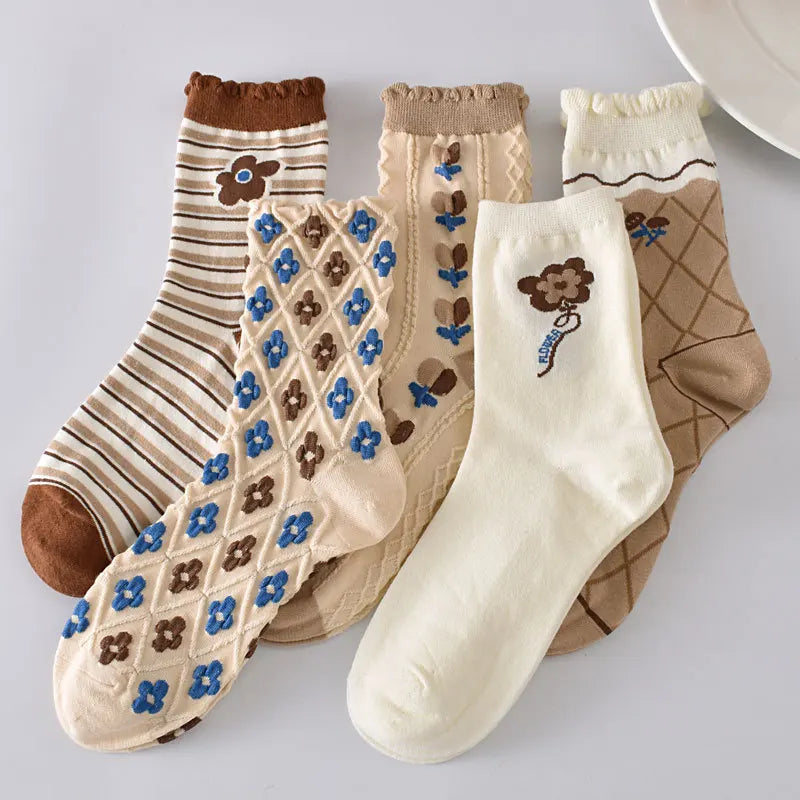 Floral Embossed Knit Socks - Retro Harajuku 5 Pair Style