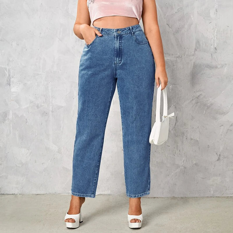 Plus Size Dark Blue Stretch Jeans - Loose Straight Autumn Denim Pants