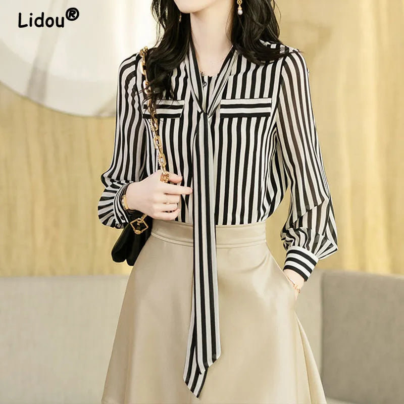 Striped Bow Collar Blouse - Long Sleeve Office Lady Shirt