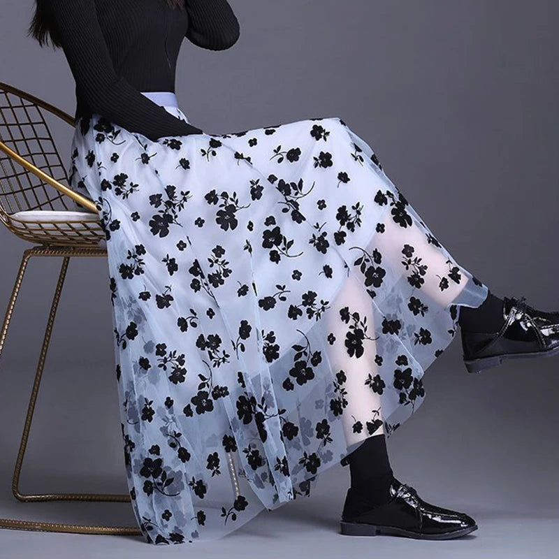 Korean Floral Tulle Midi Skirt - Elegant Mesh Casual Summer Skirt