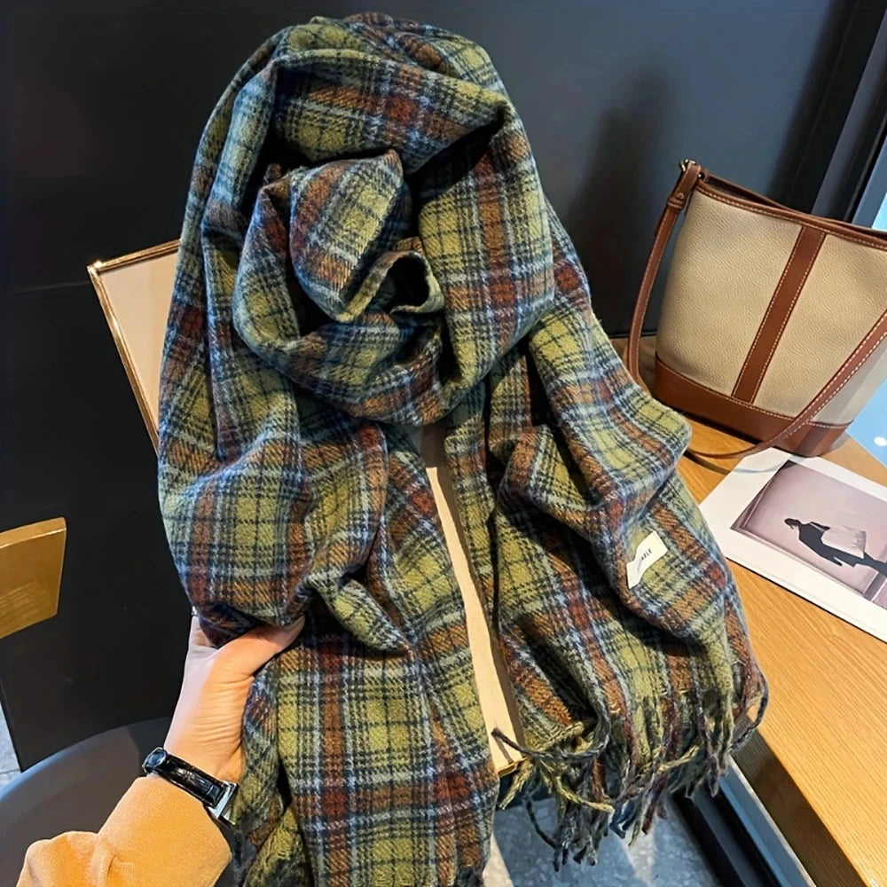 Plaid Cashmere-Feel Winter Scarf - Long Tassel Shawl Wrap
