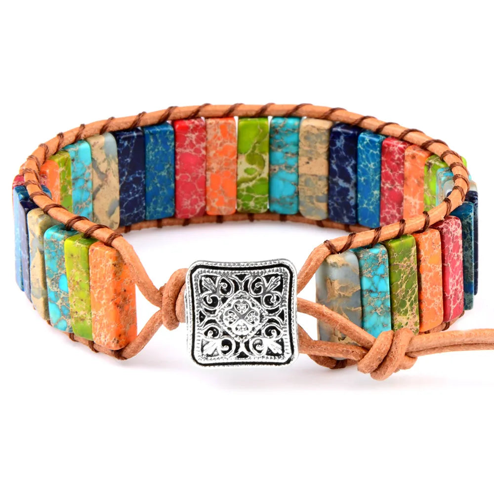 Multicolor Natural Stone Leather Wrap Bracelet - Tibetan Gypsy Bead Jewelry
