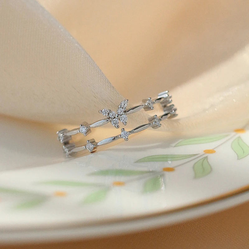 Zircon Butterfly Adjustable Ring - Silver Color Double Layer Accessory