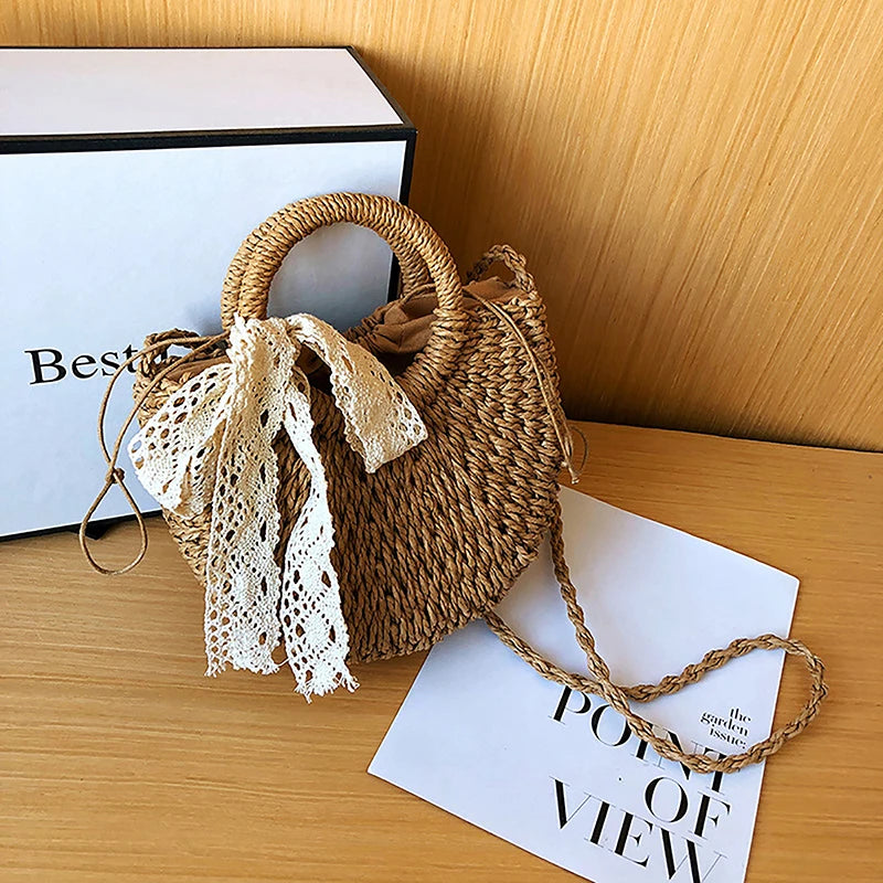 Half-Round Rattan Straw Crossbody Bag - Handmade Summer Beach Purse