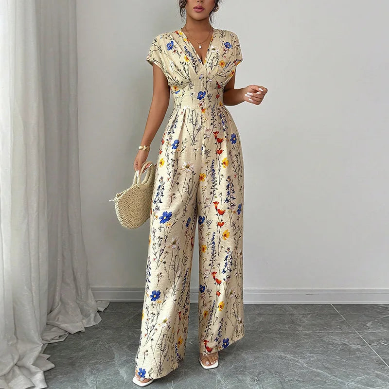 Floral Short Sleeve Jumpsuit - High Waist Straight Leg Summer Outfit