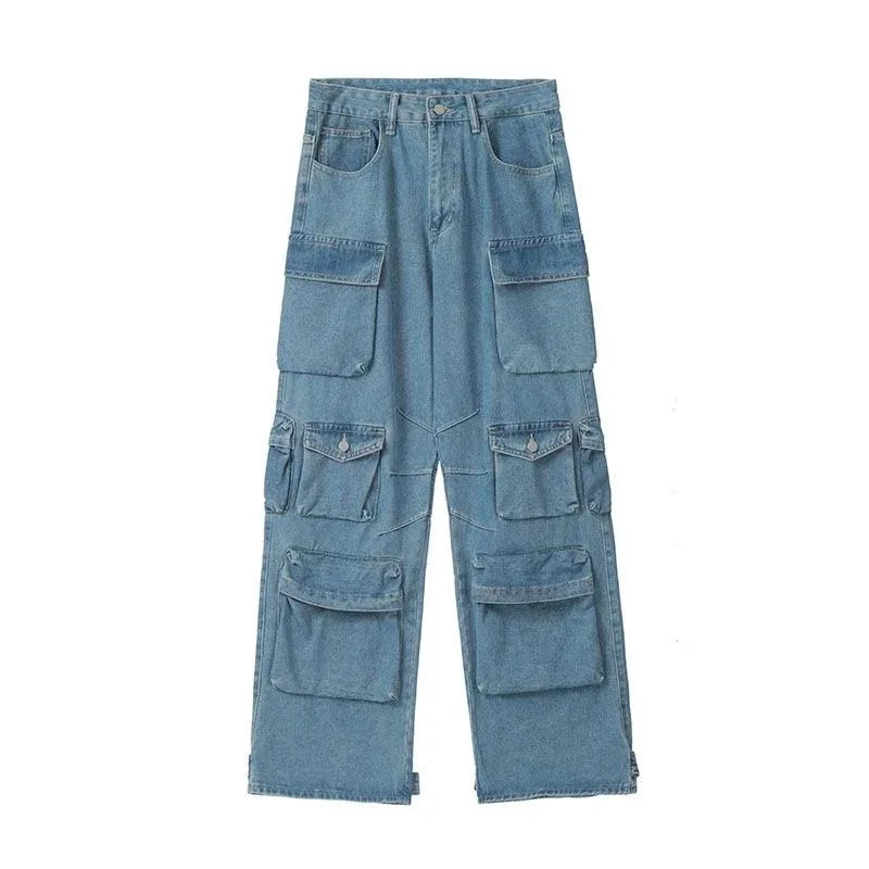 Y2K Multi-Pocket Cargo Jeans - Blue Washed Wide Leg Denim