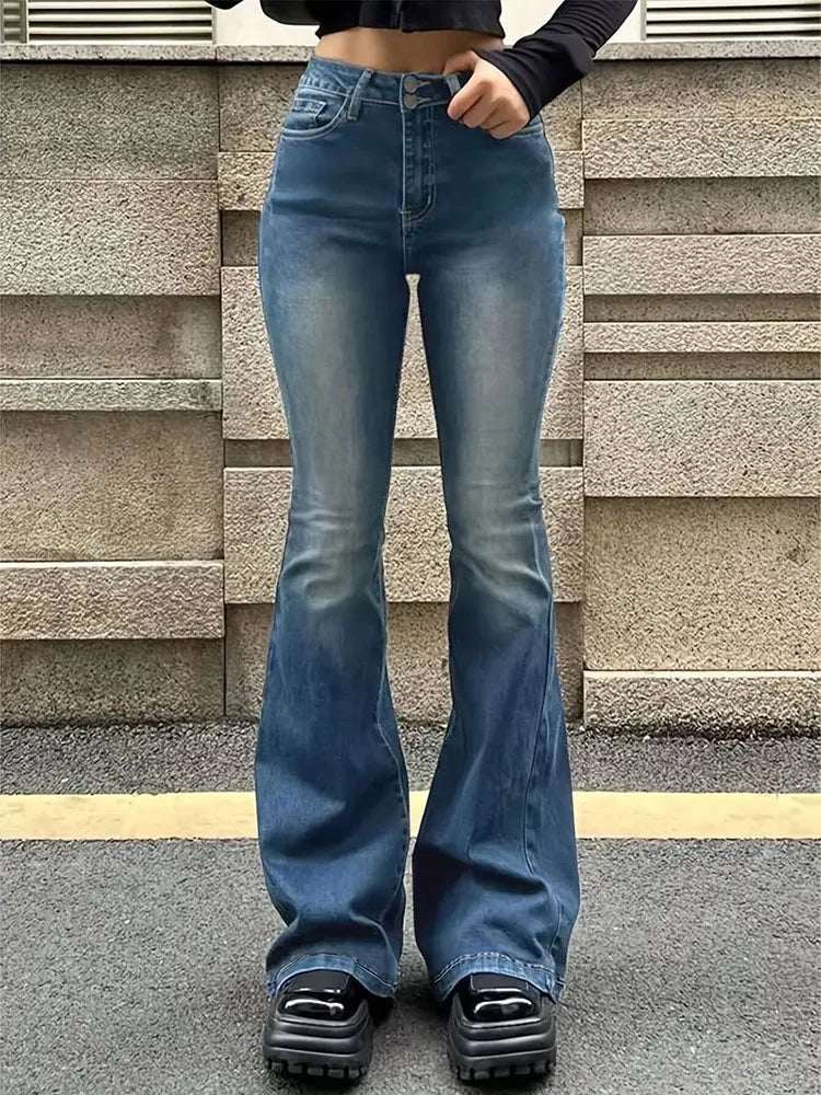 Flare Stretch Bell Bottom Jeans - Gray High Waist Y2K Denim