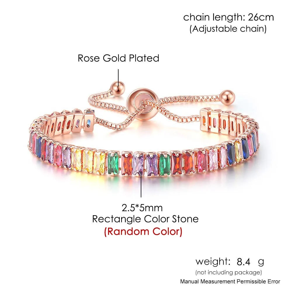 Adjustable Rainbow Zircon Tennis Bracelet - Colorful Wedding Hand Chain