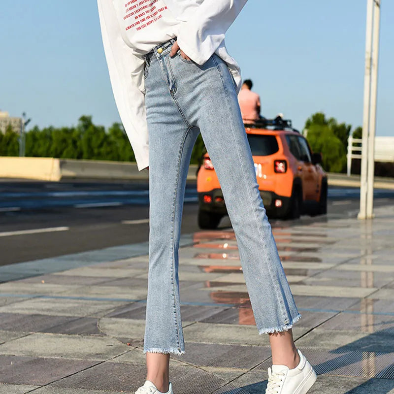 Slim Flare High Waist Jeans - Korean Ankle Length Stretch Denim
