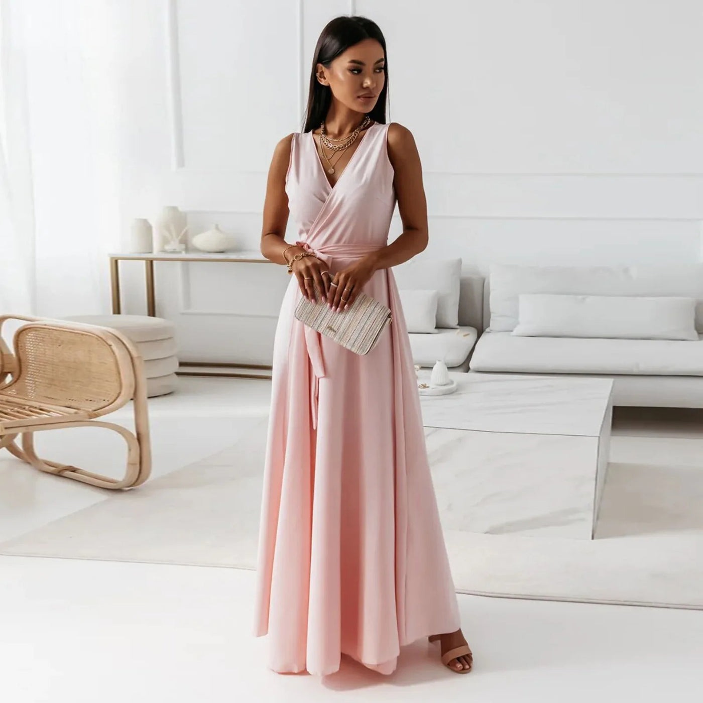 V Neck Lace Up Maxi Dress - Sleeveless Slim Party Outfit