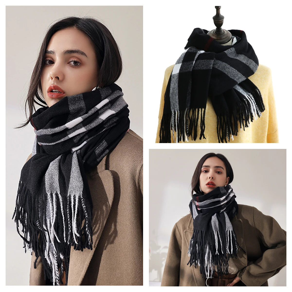 Classic Plaid Blanket Scarf - Cashmere-Feel Large Warm Shawl