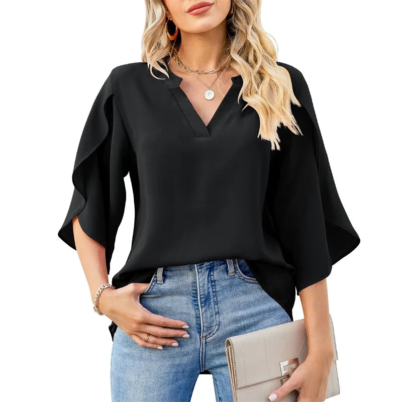 V Neck Chiffon Blouse - Loose Short Flare Sleeve Summer Top