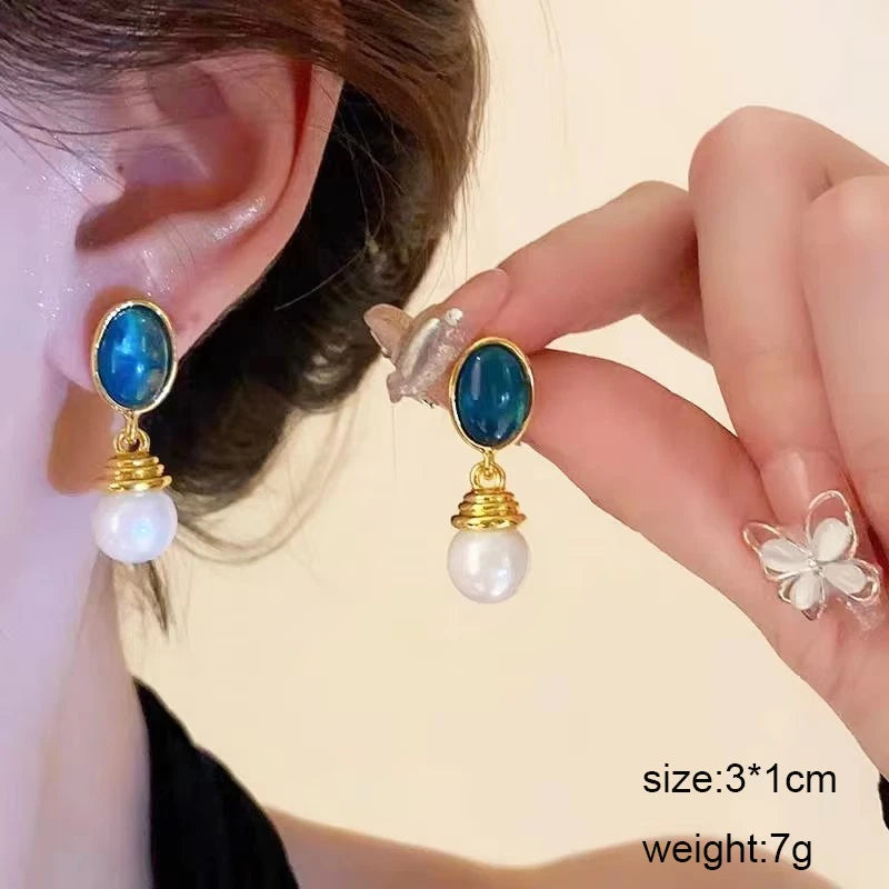 Blue Geometric Flower Butterfly Dangle Earrings - Bohemian Statement Jewelry