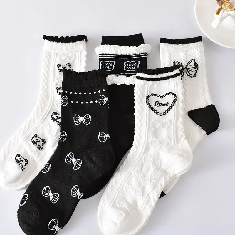 Floral Embossed Knit Socks - Retro Harajuku 5 Pair Style