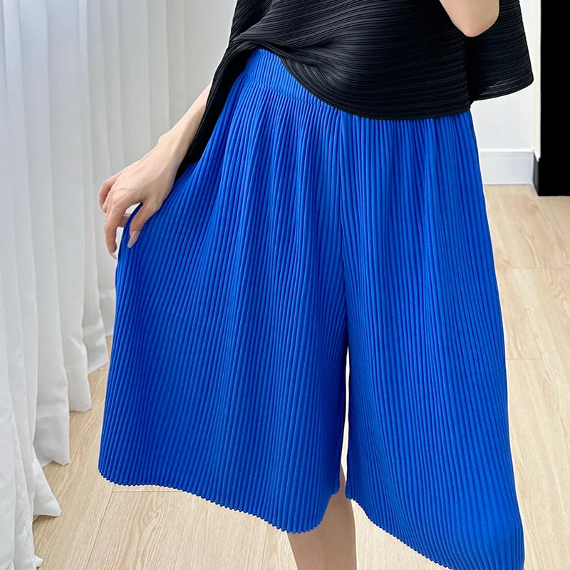 Pleated Five Point Shorts - Loose High Waist Drape Summer Mid Pants