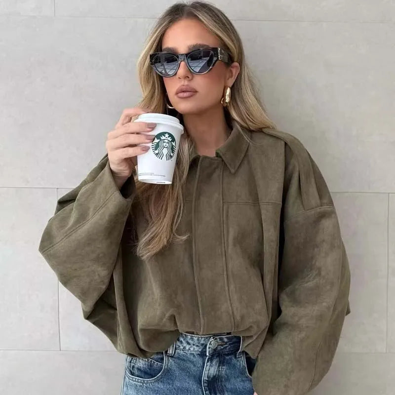 Suede Textured Bomber Jacket - Loose Lapel Casual Outerwear