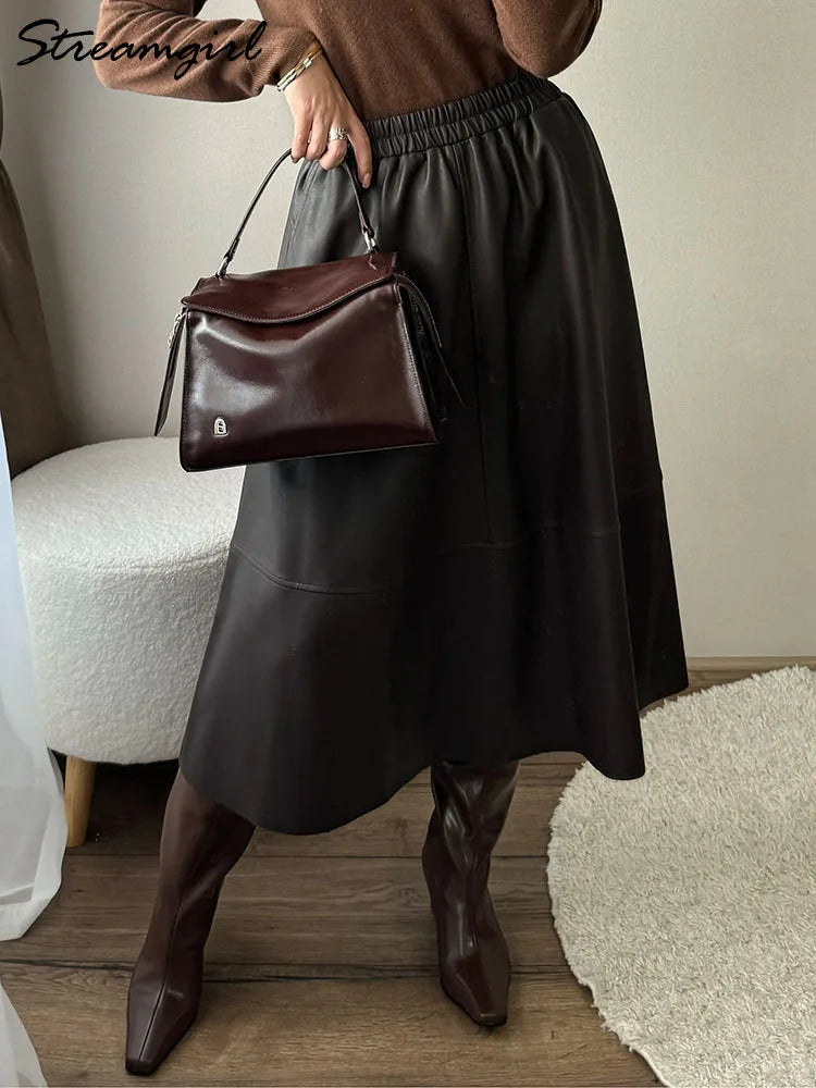 Midi Faux Leather A-Line Skirt - Elastic Waist Pocket Swing Skirt