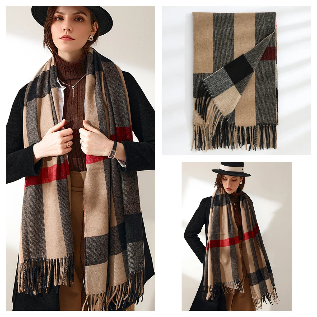 Classic Plaid Blanket Scarf - Cashmere-Feel Large Warm Shawl