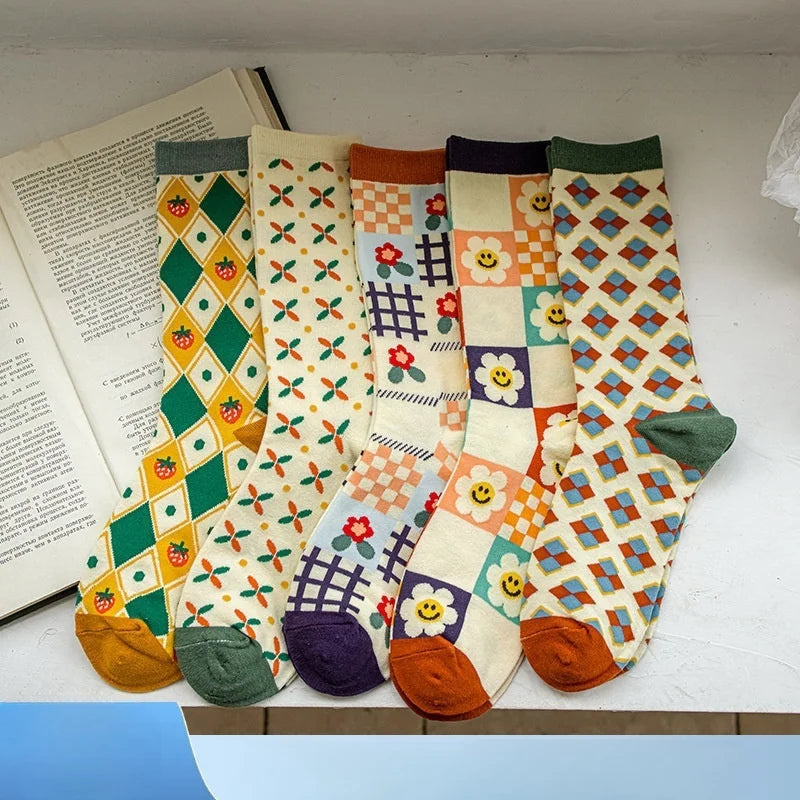 Diamond Fruit Flower Long Socks - Cute Colorful Pattern Crew Pair