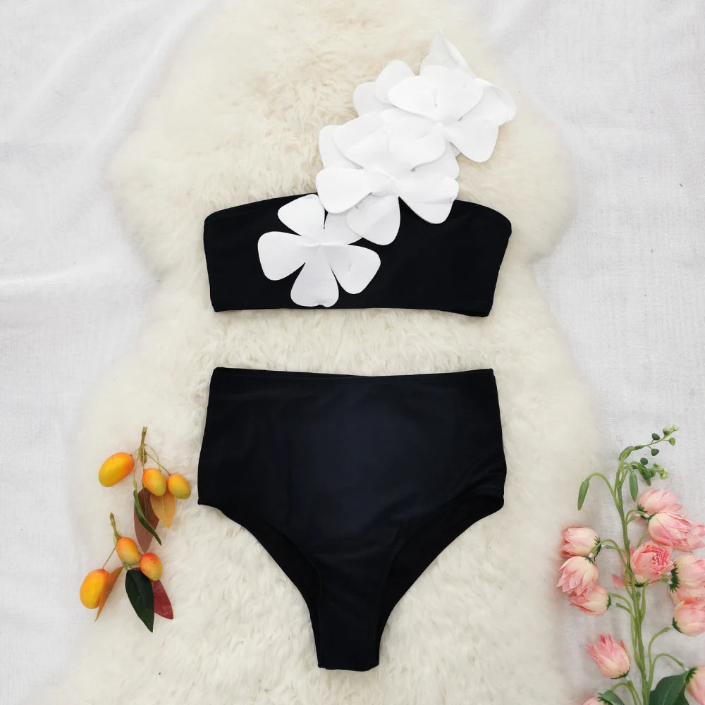 Floral Bandeau Bikini Set - High Waist Pink Beach Swimwear