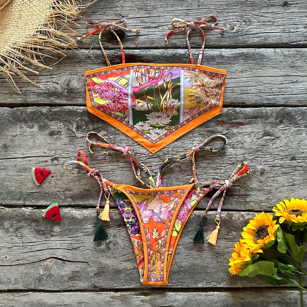 Print Halter Brazilian Bikini Set - Wire Free Backless Swimwear