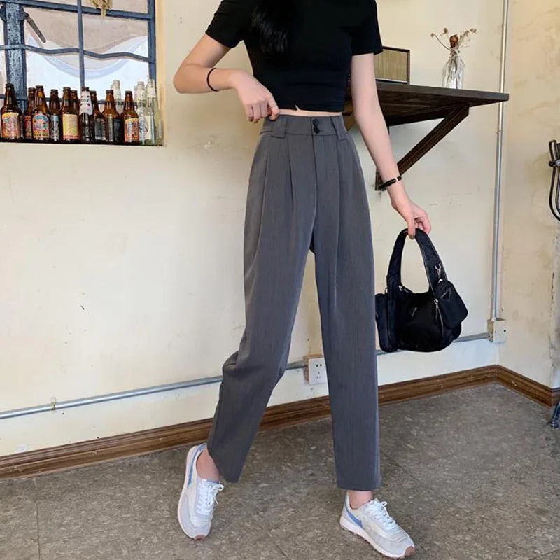 Black Gray High Waist Suit Pants - Loose Nine Point Trousers
