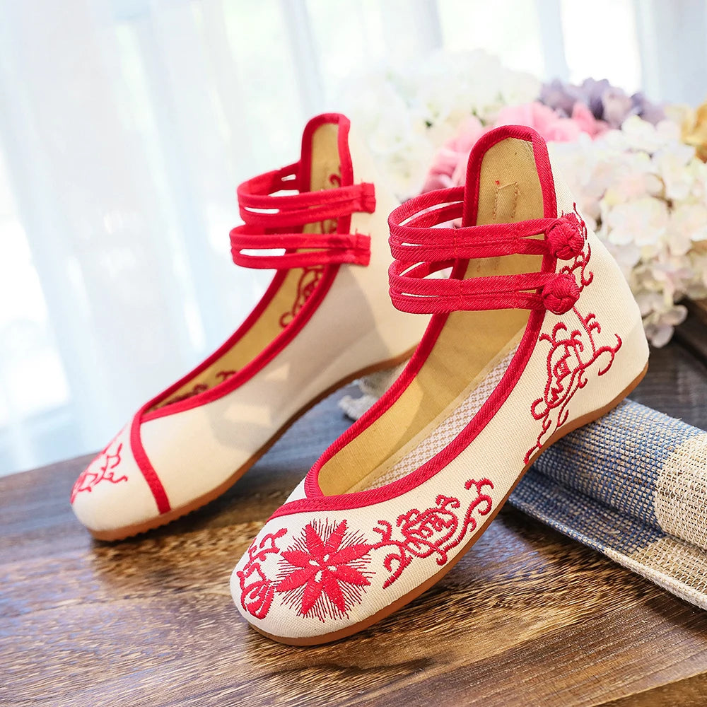 Sunflower Embroidered Ballet Flats - Canvas Ankle Strap Casual Shoes
