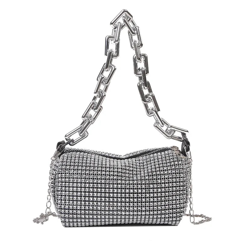 Glitter Rhinestone Bucket Bag - Mini Chain Prom Crossbody Purse