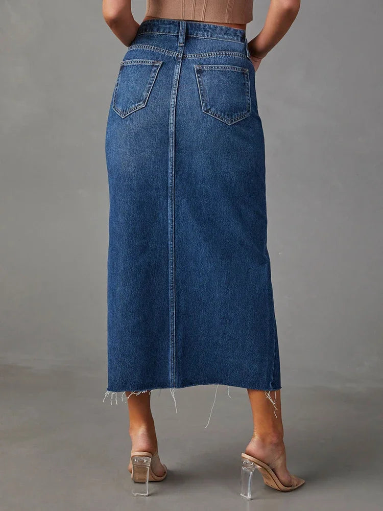 Washed Denim A-Line Midi Skirt - High Waist Split Vintage Long Skirt