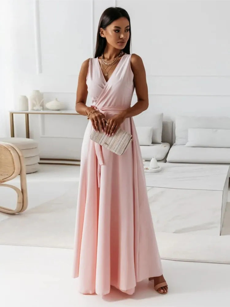 V Neck Lace Up Maxi Dress - Sleeveless Slim Party Outfit