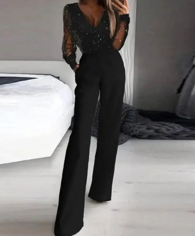 Long Sleeve Mesh Sequin Jumpsuit - V Neck Slim Evening Outfit
