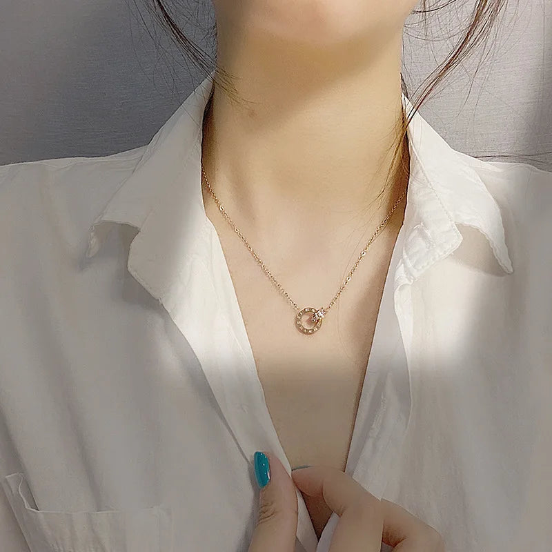 Crystal Circle Roman Choker Necklace - Stainless Steel Pendant Jewelry