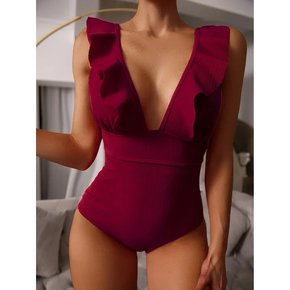 Deep V Ruffle One Piece Swimsuit - Adjustable Beach Monokini
