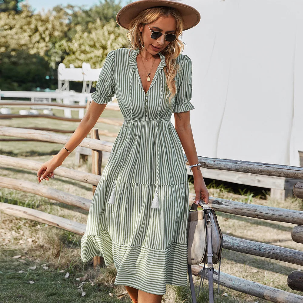 Striped Lantern Sleeve Midi Dress - V Neck Button Ruffle Summer Outfit